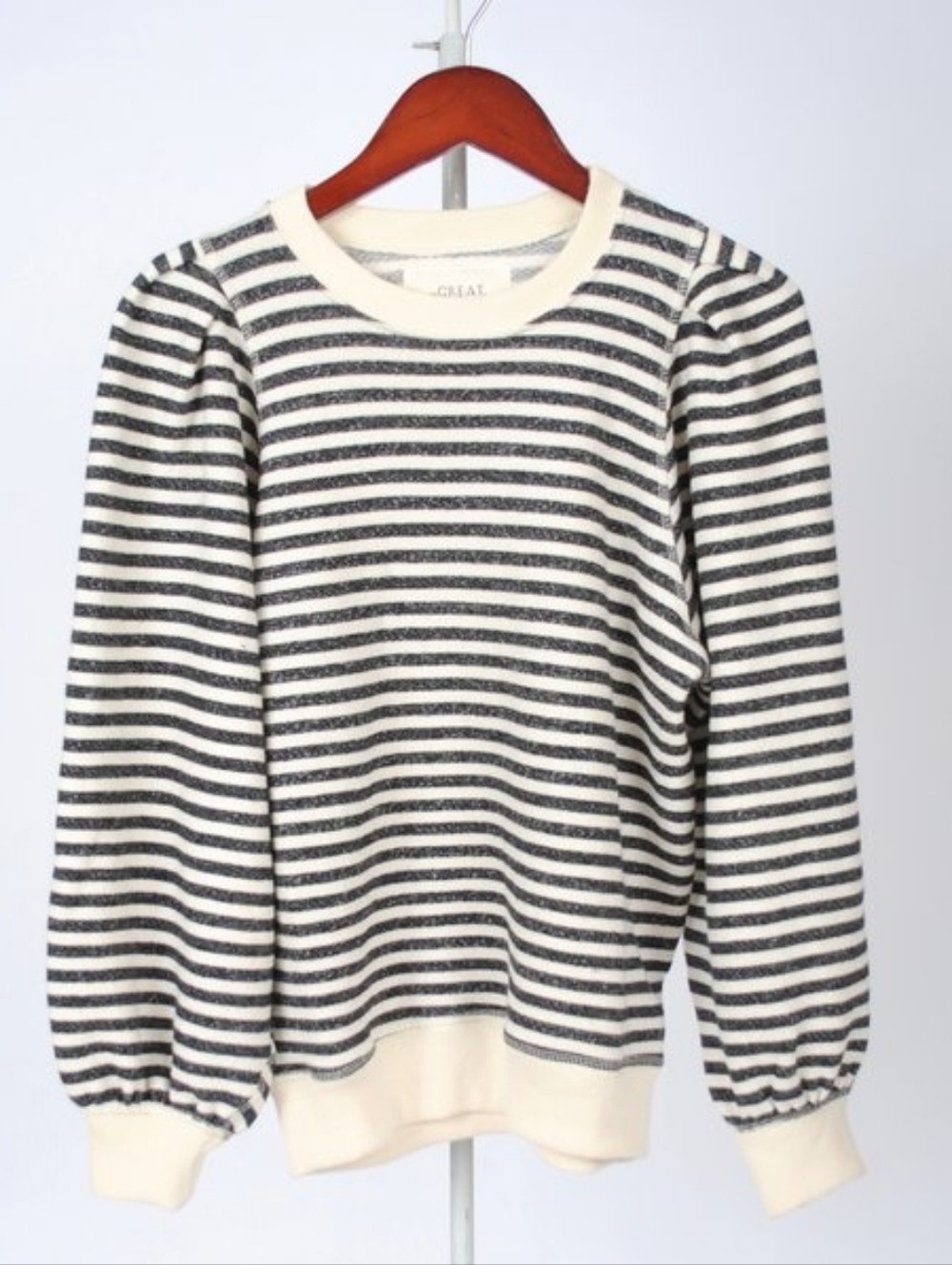 THE GREAT. Cream and Black Striped Crewneck Sweater